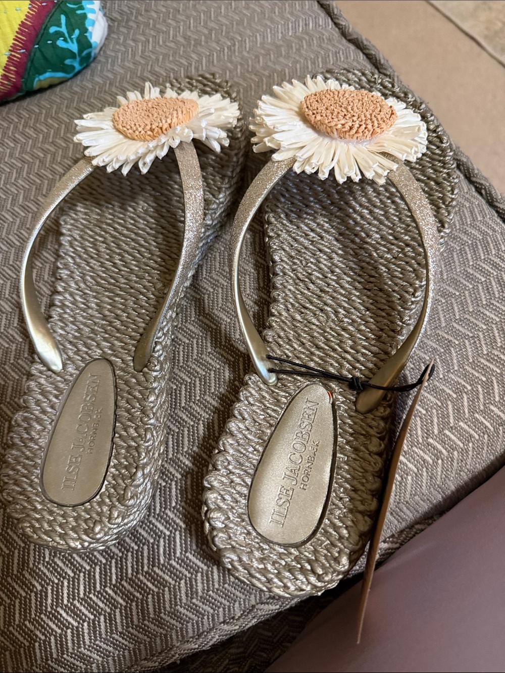 Ilse Jacobsen Metallic Gold Sandals with Cream and Peach Daisy Accents